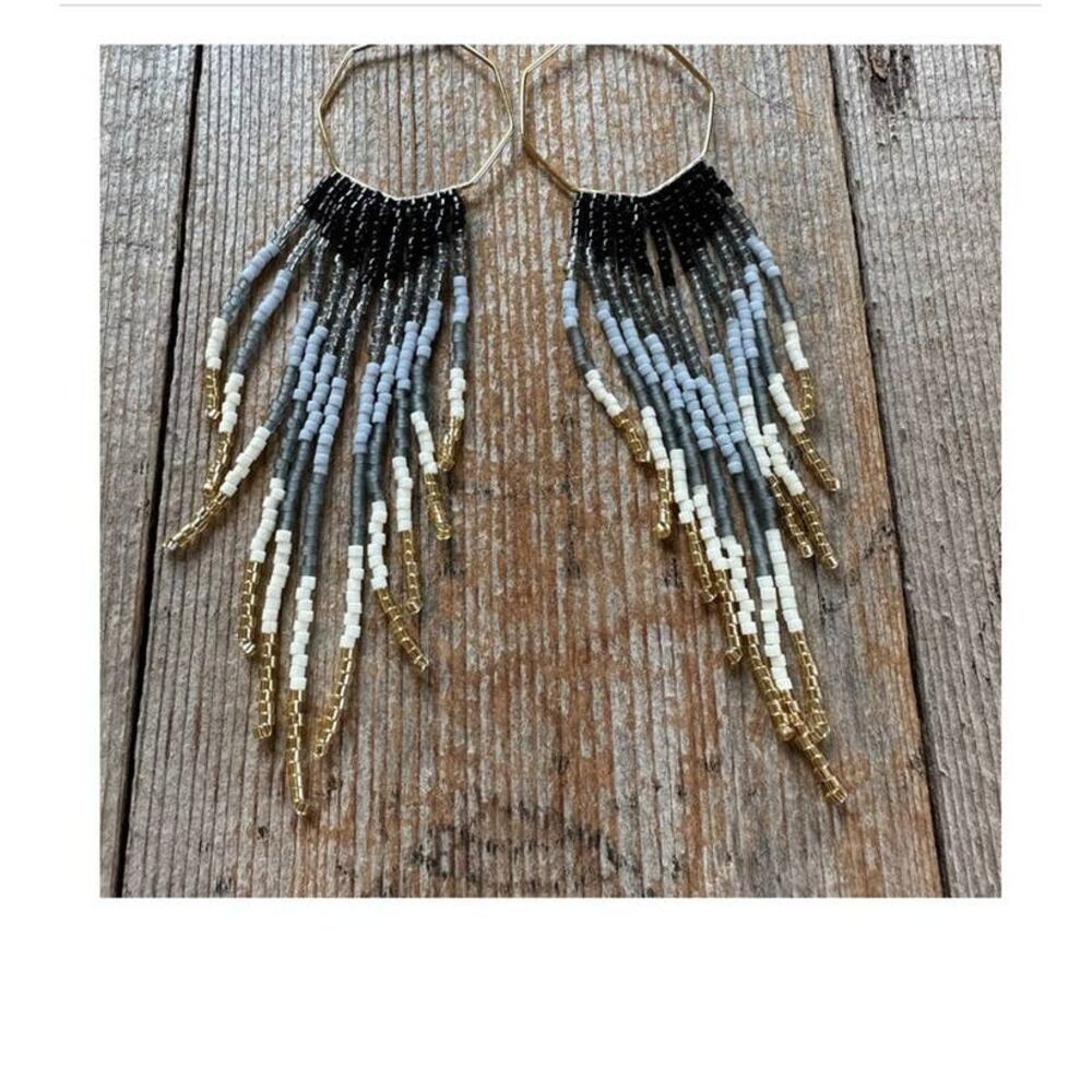 Hand crafted seed bead fringe earnings black, gray, gold Bohemian style